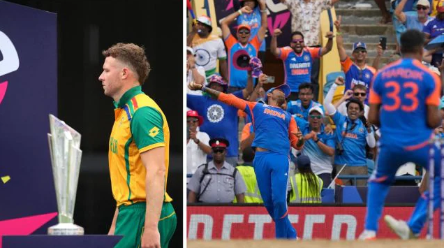 David Miller walks past the T20 World Cup after the final; Suryakumar Yadav celebrates nabbing the southpaw's catch off Hardik Pandya