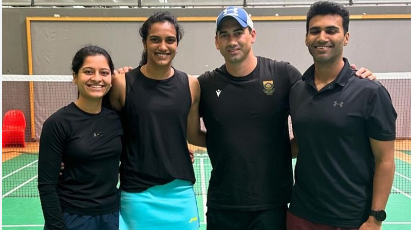 P V Sindhu with the members of her entourage in Germany’s Saarbrucken town.