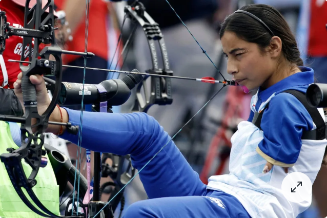 Sheetal Devi, a teenage archer from India, demonstrates her incredible skill by using her legs to shoot arrows at the Paris Paralympics.