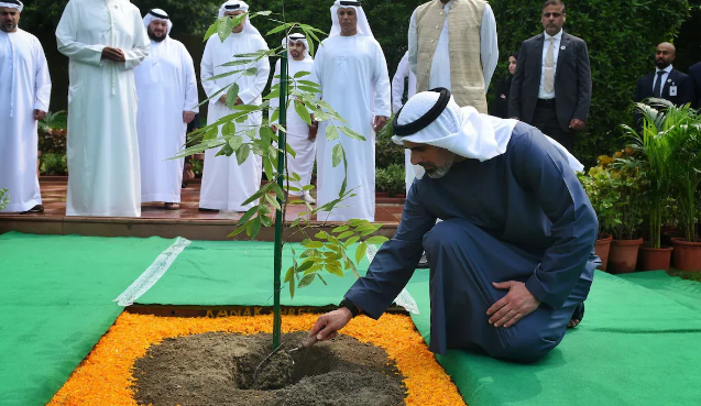 UAE Crown Prince Sheikh Khaled plants an Amaltas sapling at Rajghat, continuing a tradition followed by three generations of UAE leaders.