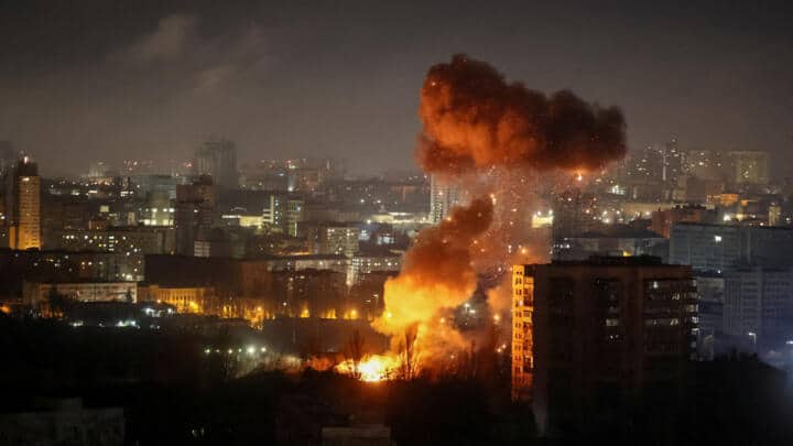 Firefighters and emergency workers respond to damaged residential buildings in Kyiv after overnight Russian missile strikes.