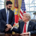 A photo of President Donald Trump meeting New York City mayor-elect Zohran Mamdani in the Oval Office as the two shake hands and smile, creating political complications for Rep. Elise Stefanik’s gubernatorial campaign.