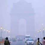 Dense smog covering Delhi-NCR as air quality drops to severe levels; commuters navigate low visibility amid hazardous pollution.