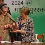 Michelle Bachelet receiving the Indira Gandhi Prize from Sonia Gandhi, highlighting her stance on Article 370, CAA, and human rights issues.
