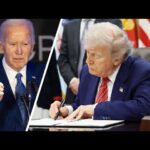 Former US President Donald Trump speaking at a podium, criticizing Joe Biden’s executive orders and alleging use of an autopen for signing.