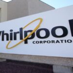 Graph showing Whirlpool India share price falling sharply due to a large block deal
