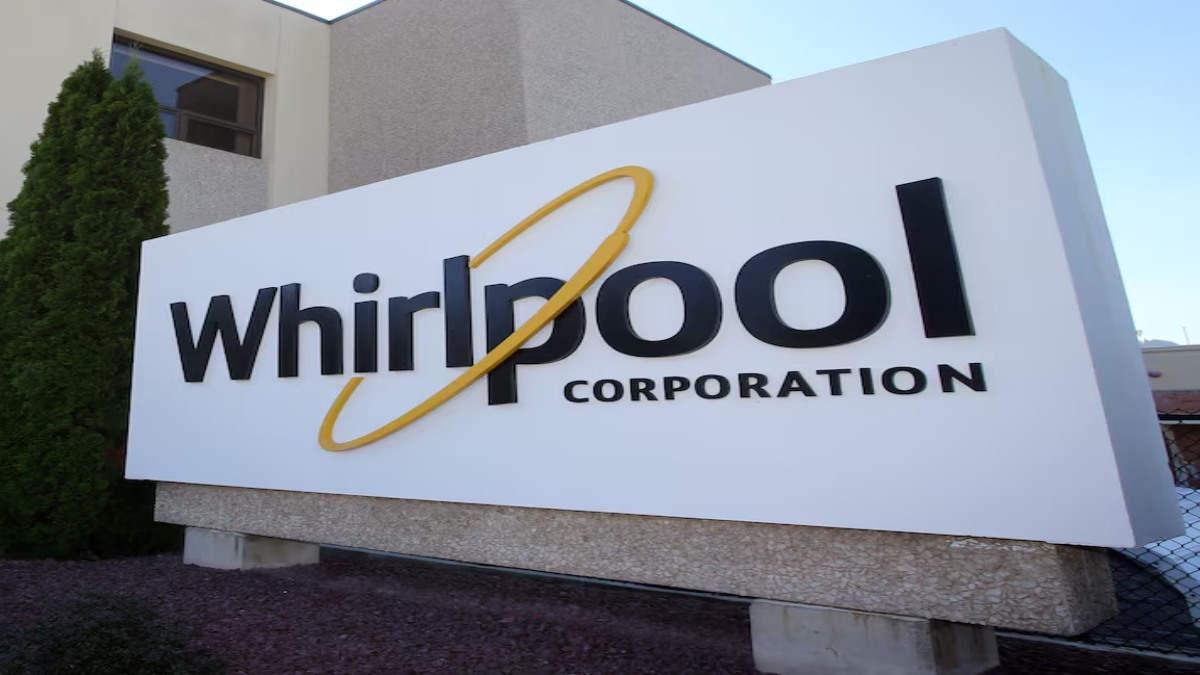 Graph showing Whirlpool India share price falling sharply due to a large block deal