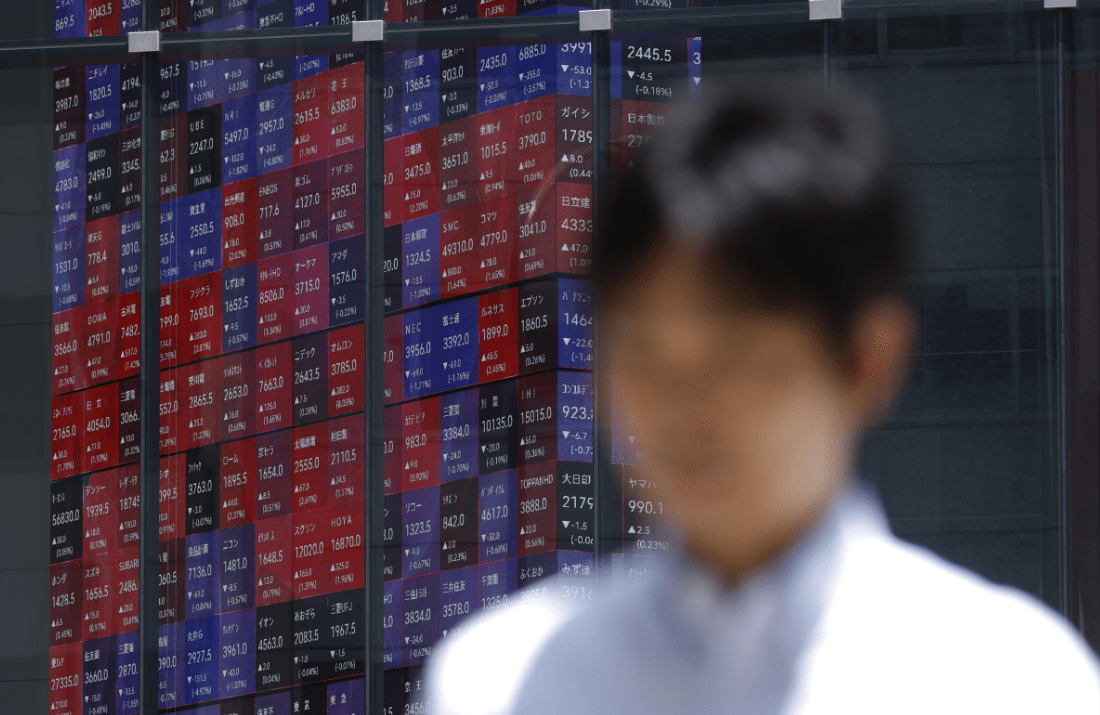 Global stock market overview showing Tokyo Nikkei decline, mixed Asian indices, rising oil prices, and falling US futures.