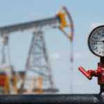 Oil pump jacks operating in a crude oil field as global oil prices surge amid geopolitical tensions