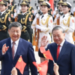 Vietnam flag with global diplomacy and partnership concept