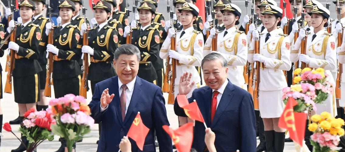 Vietnam flag with global diplomacy and partnership concept