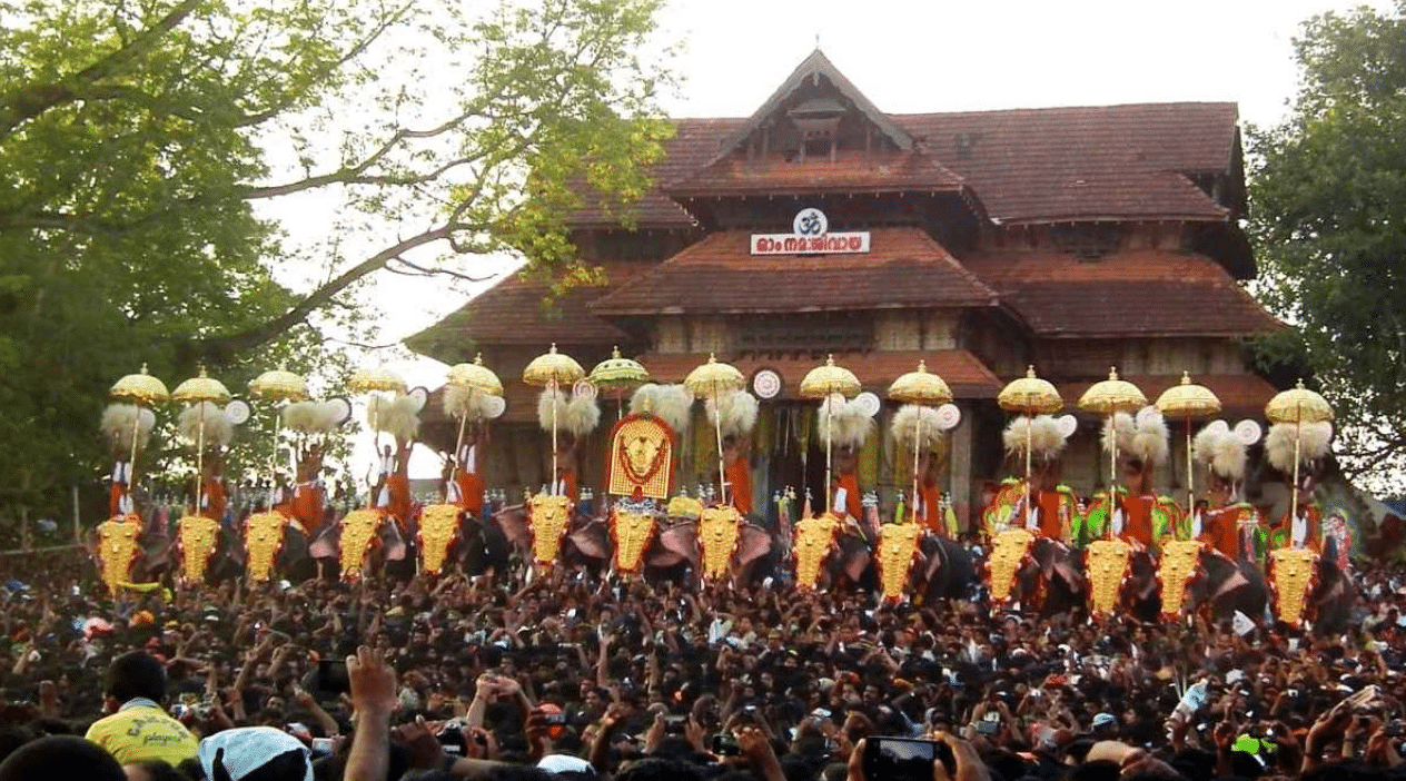 Thrissur Pooram 2026 celebrations with decorated elephants and traditional rituals without fireworks